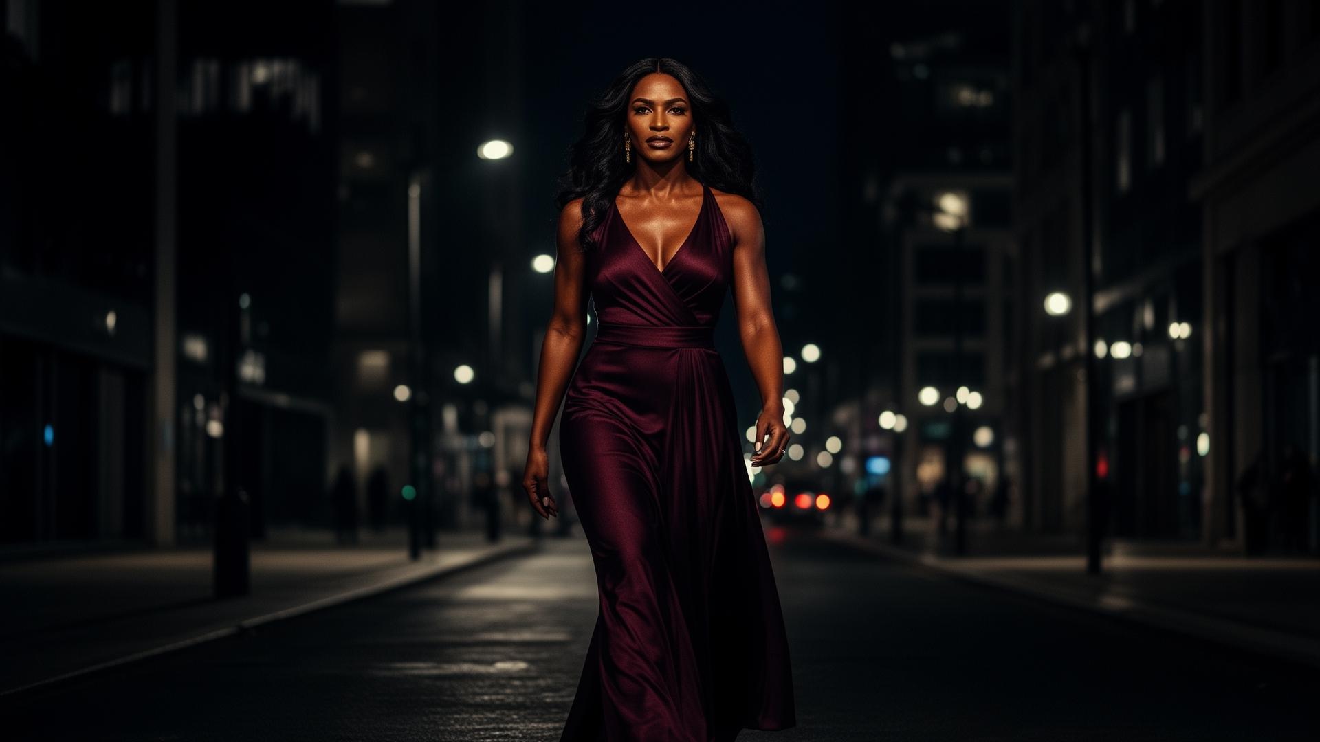 Mulher caminhando confiante à noite